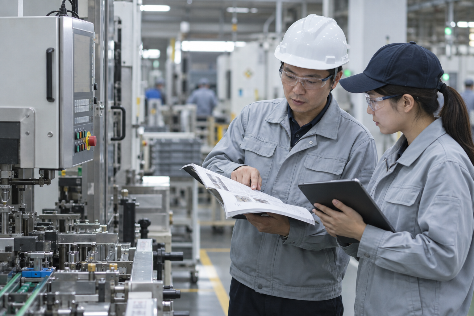 工廠現場兩名技術人員一起查閱作業手冊
